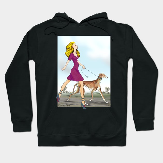 Blonde girl walking her Azawakh. Hoodie by chepea2